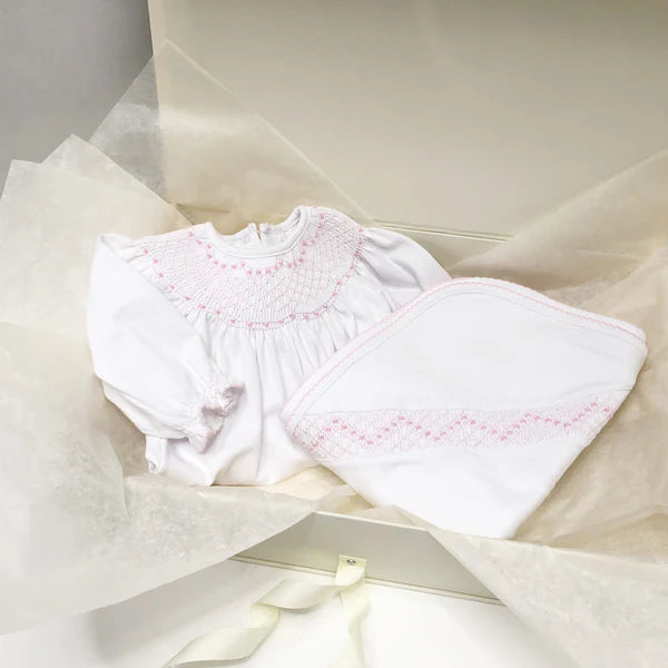 Worth Avenue White with Palm Beach Pink Sweetly Smocked Blessing Blanket