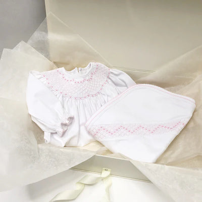Worth Avenue White with Palm Beach Pink Sweetly Smocked Blessing Blanket