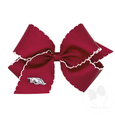 King Grosgrain Hair Bow with Moonstitch Edge and Embroidered Collegiate Logo- Arkansas