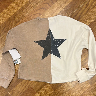 Colorblock Ribbed Henley Shirt with Star Back Print
