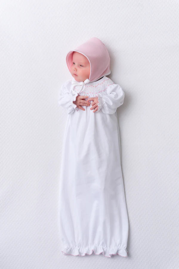 Worth Avenue White with Palm Beach Pink Sweetly Smocked Greeting Gown
