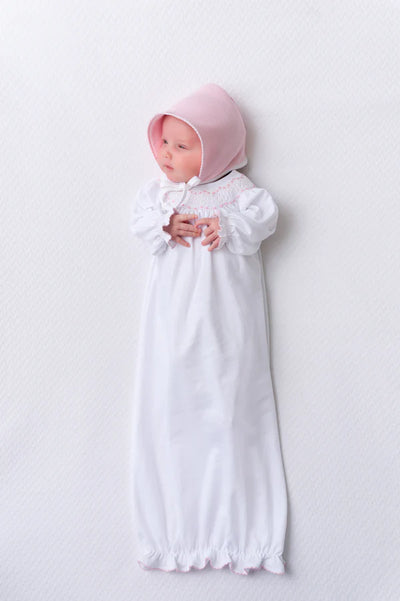 Worth Avenue White with Palm Beach Pink Sweetly Smocked Greeting Gown