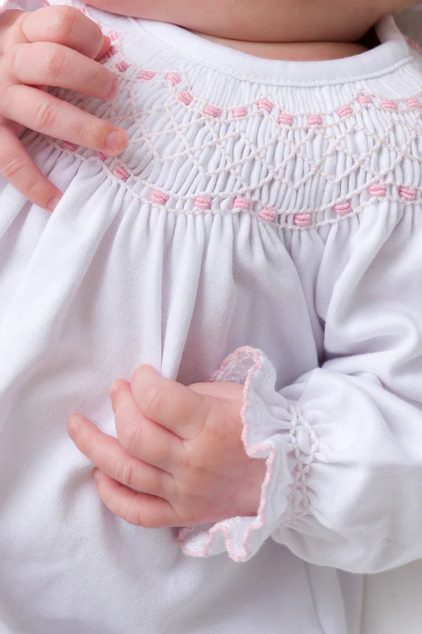 Worth Avenue White with Palm Beach Pink Sweetly Smocked Greeting Gown