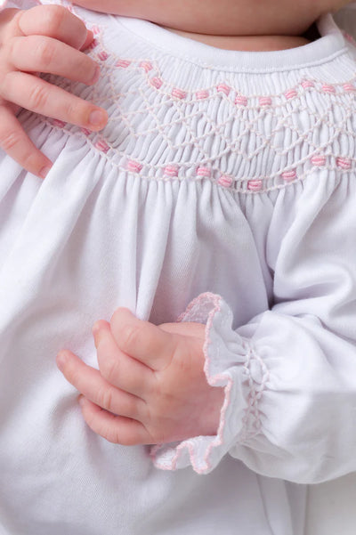 Worth Avenue White with Palm Beach Pink Sweetly Smocked Greeting Gown