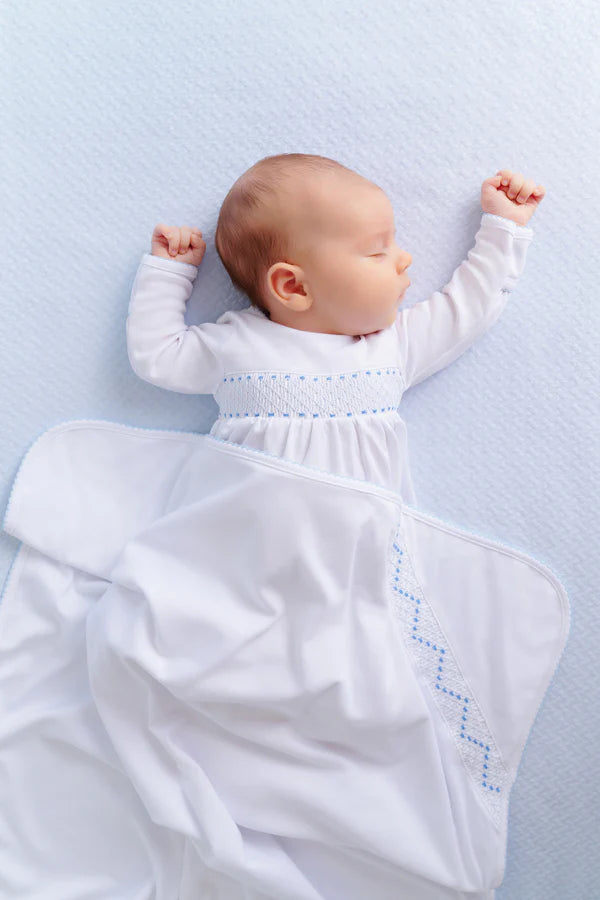 Worth Avenue White with Buckhead Blue Sweetly Smocked Blessing Blanket