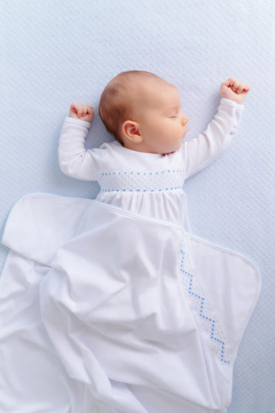 Worth Avenue White with Buckhead Blue Sweetly Smocked Blessing Blanket