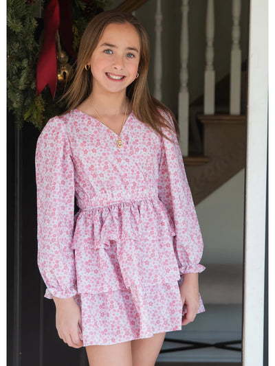 Pink Floral Long Sleeve Tiered Dress
