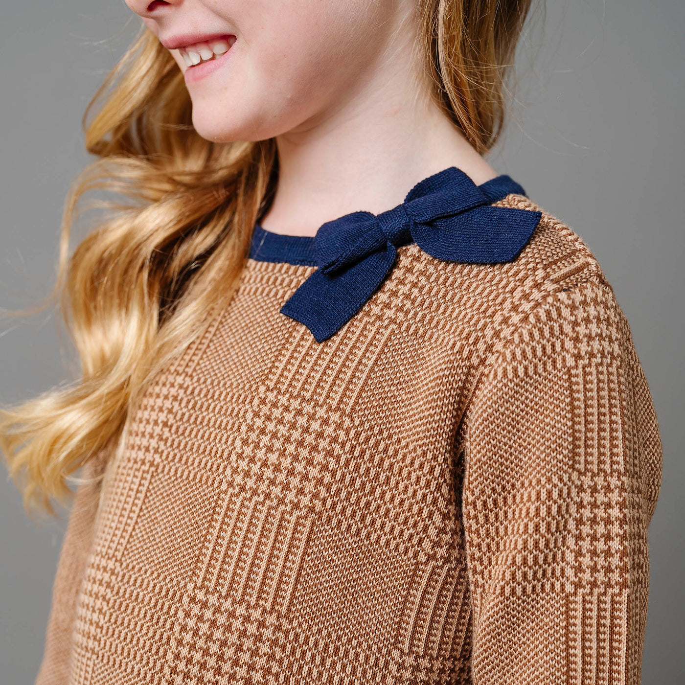 Brown Glen Plaid Intarsia Organic Bow Sweater Dress