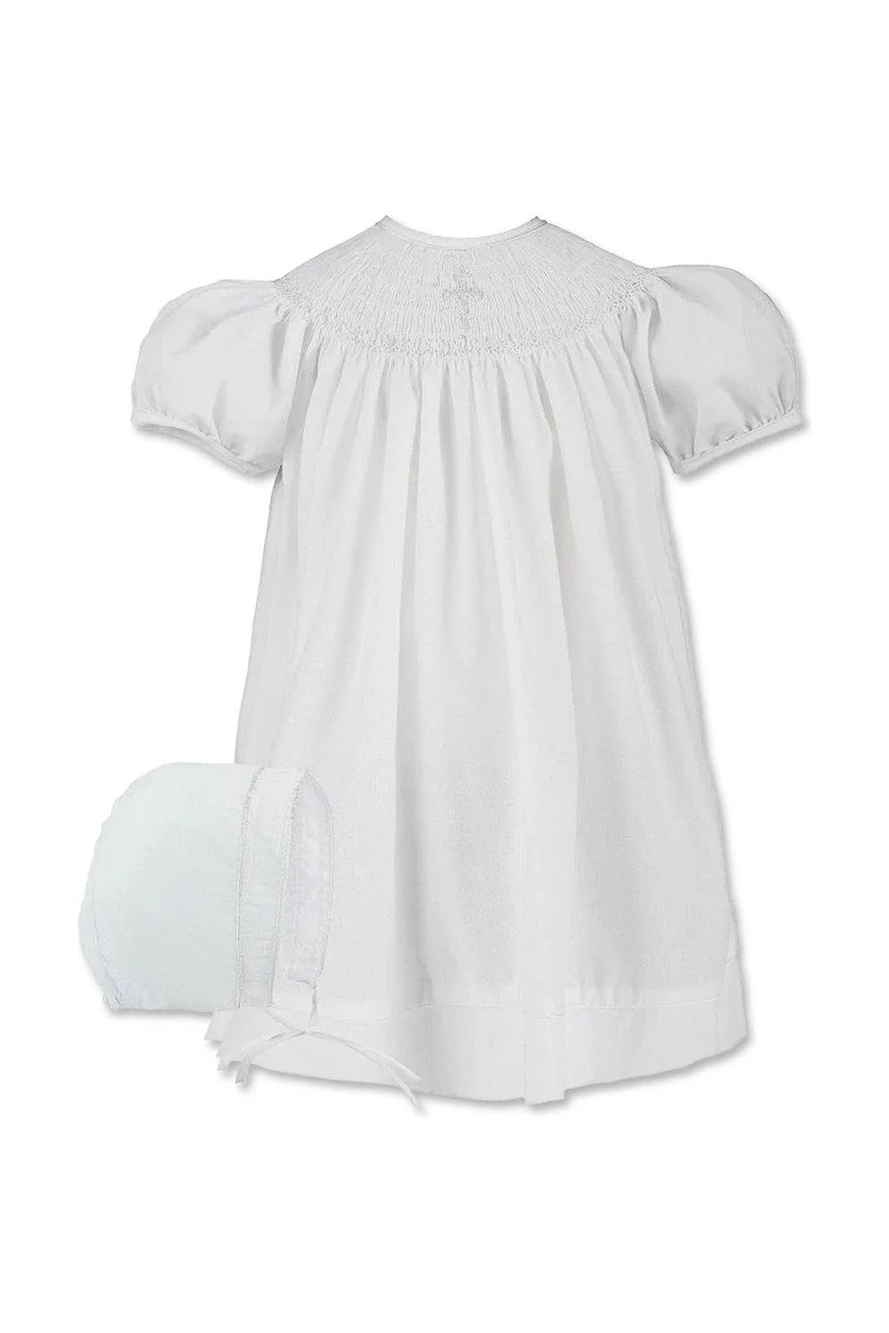 Hand Smocked Christening Pearl Cross Girl Bishop Dress with Bonnet
