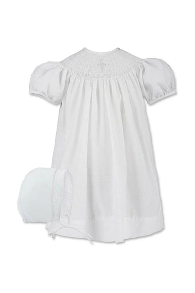Hand Smocked Christening Pearl Cross Girl Bishop Dress with Bonnet