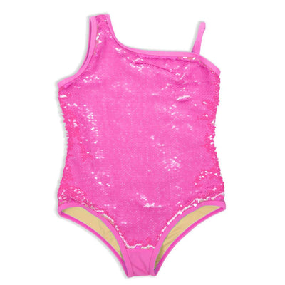 Hot Pink Girls Sequin One Shoulder One Piece Swimsuit