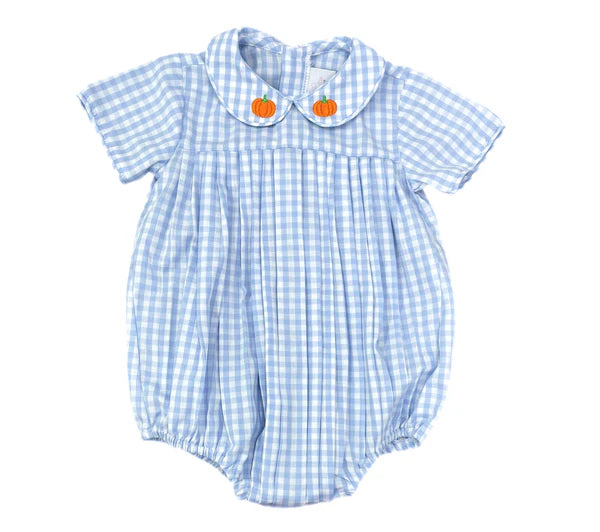 Finn Blue Gingham Bubble with Pumpkins on Collar