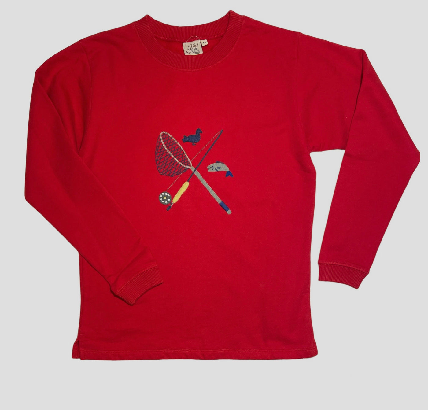 Red Sweatshirt with Fish Net & Fly Rod