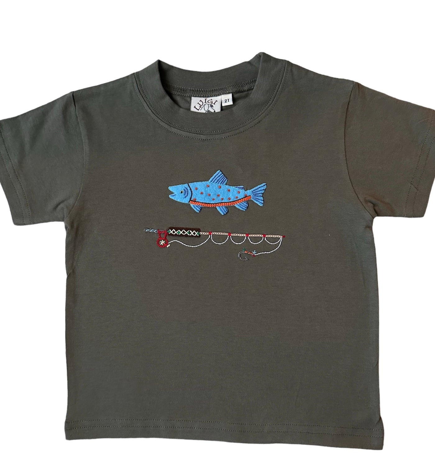 Military Green Short Sleeve Tee with Trout and Fly Rod