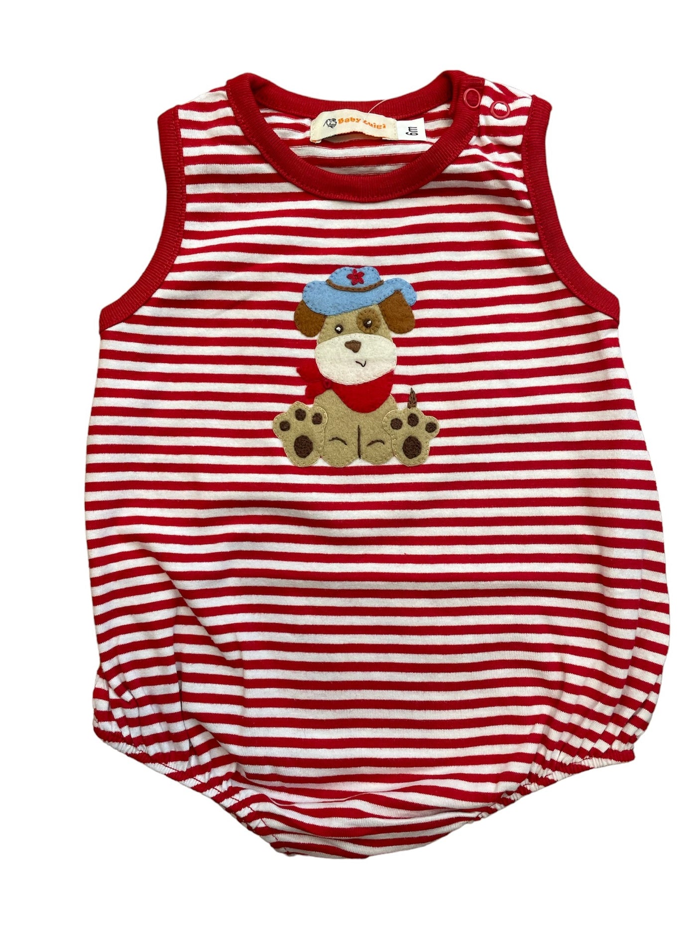 Red and White Stripe Cowboy Pup Sleeveless Bubble Romper