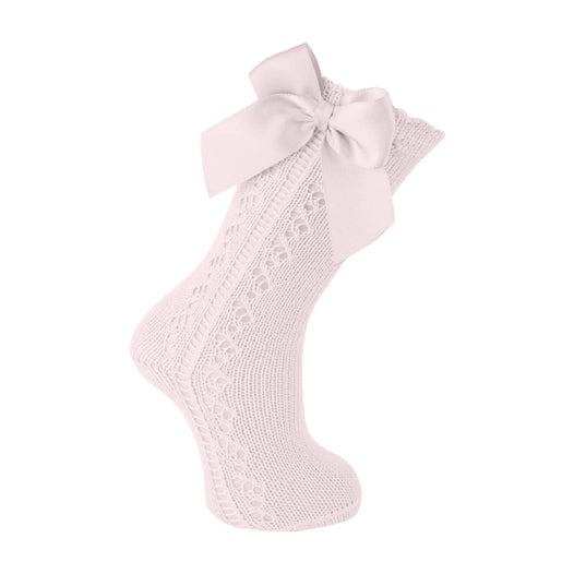 Soft Pink Scottish Yarn Openwork Bow Knee High Socks