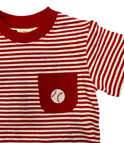 Red and White Stripe Tee with Baseball Icon