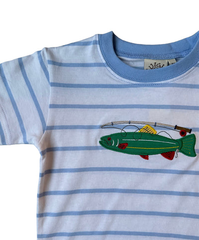 Sky Blue Stripe Short Sleeve Tee with Trout and Fly Rod