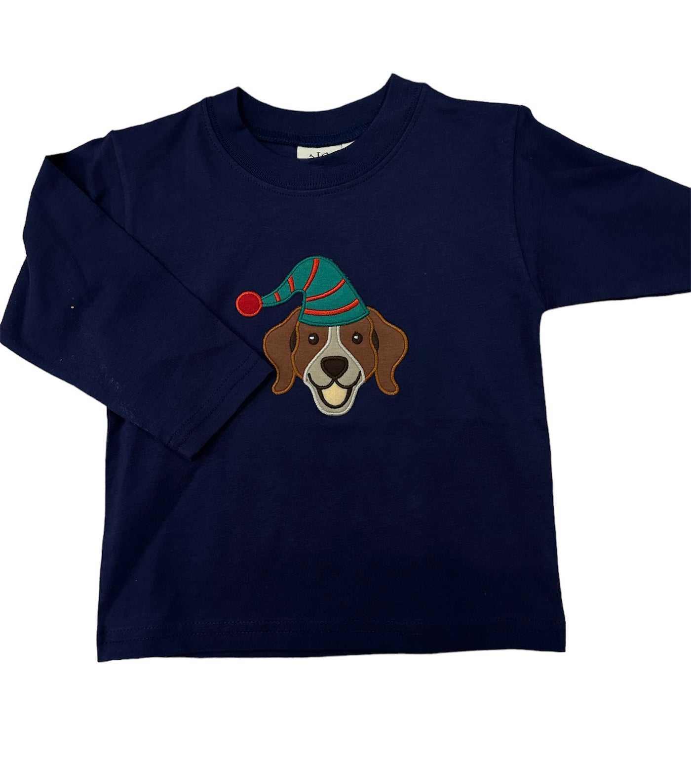 Navy Long Sleeve Tee with Dog in Elf Hat