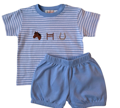 Blue and White Stripe Equine Trio Short Set