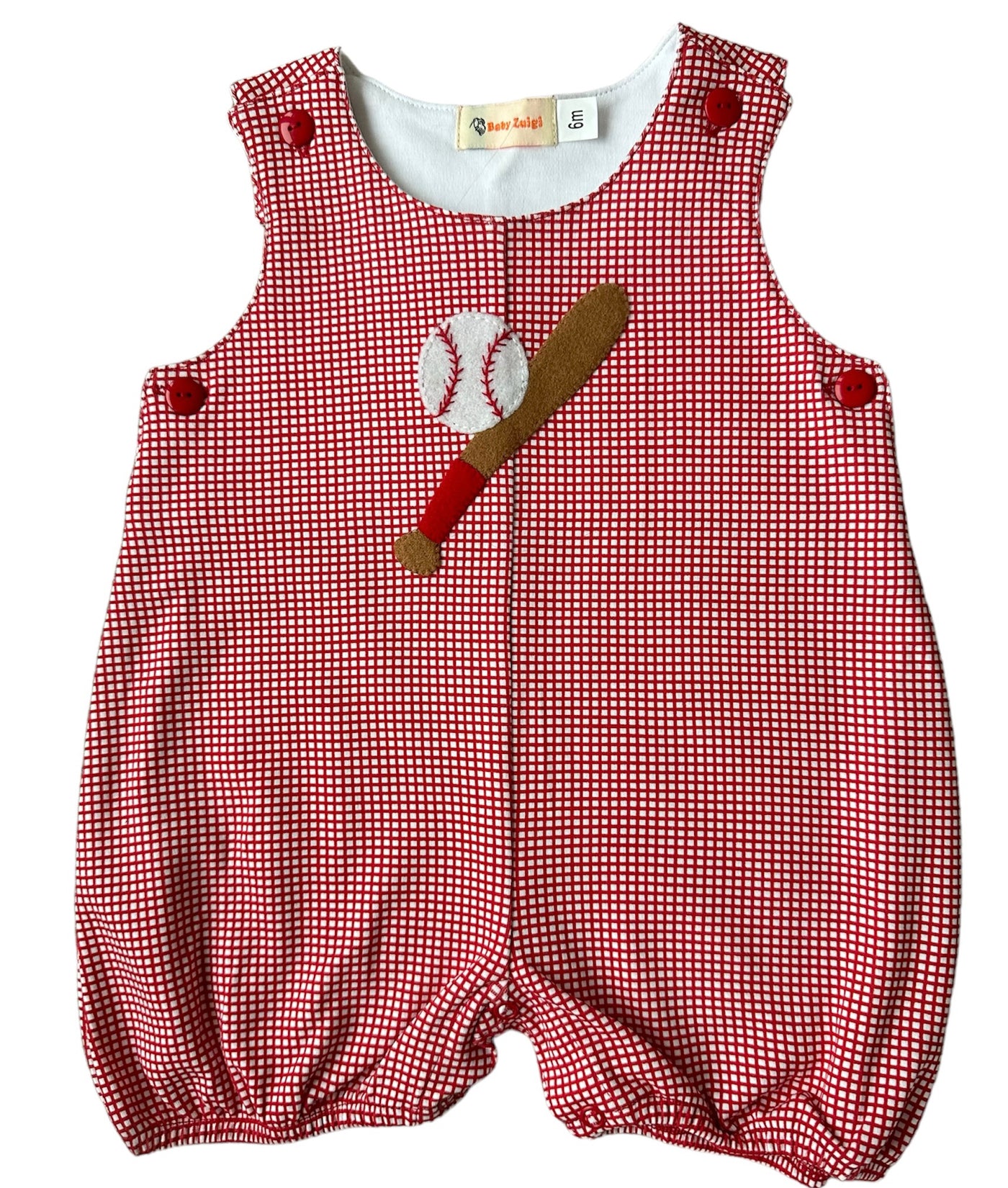 Red Gingham Bubble Romper with Baseball and Baseball Bat
