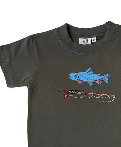 Military Green Short Sleeve Tee with Trout and Fly Rod
