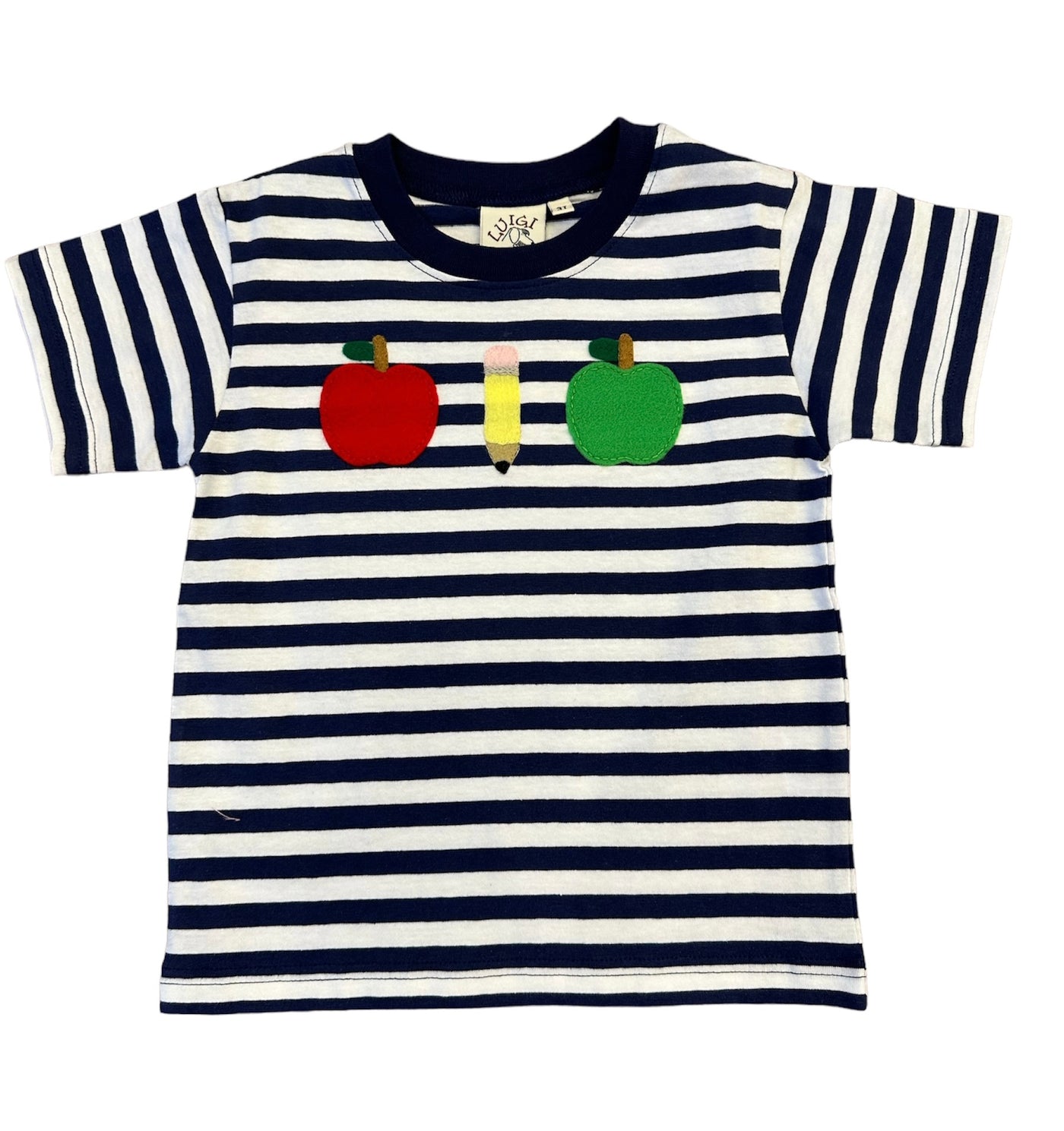 Navy Stripe Tee with Apples and Pencil