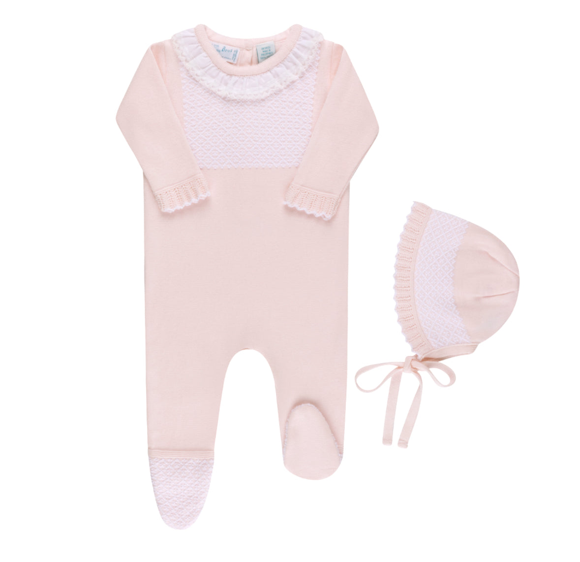 Pink Girls Jacquard Ruffled Knit Romper & Bonnet