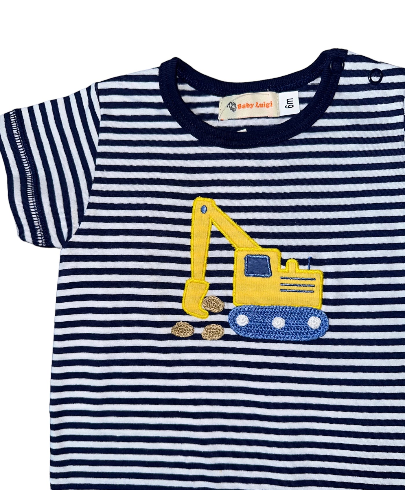 Royal and White Stripe Romper with Backhoe