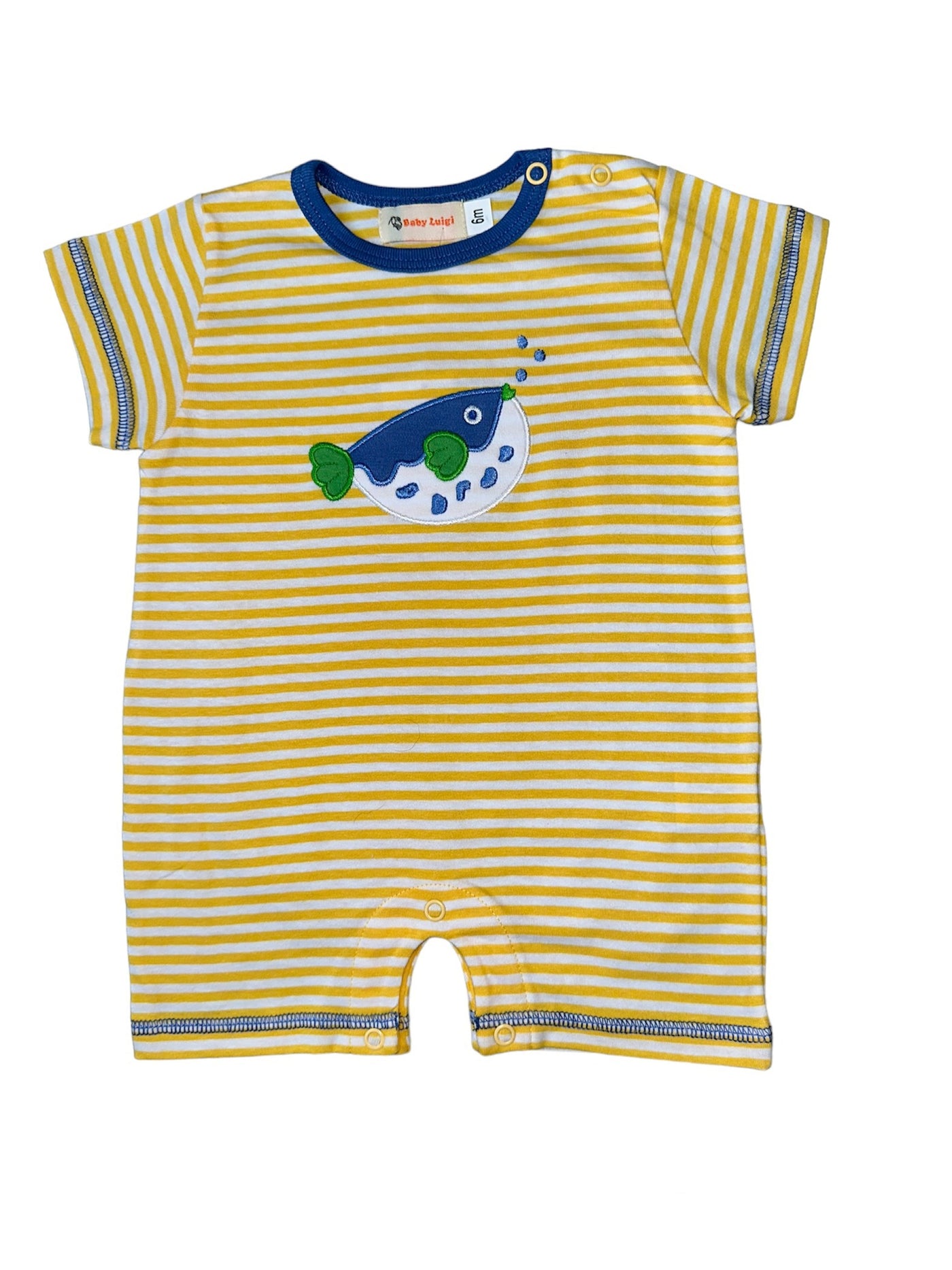 Yellow and White Stripe Romper with Puffer Fish