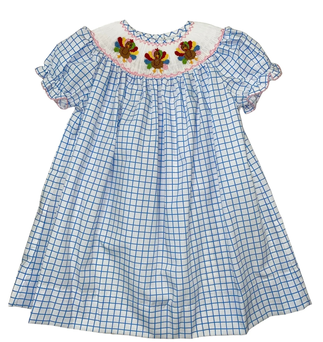 Blue Check Turkey Smocked Bishop Dress