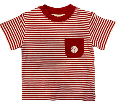 Red and White Stripe Tee with Baseball Icon