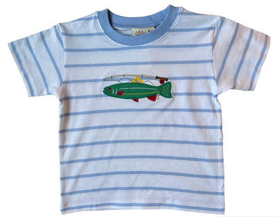 Sky Blue Stripe Short Sleeve Tee with Trout and Fly Rod