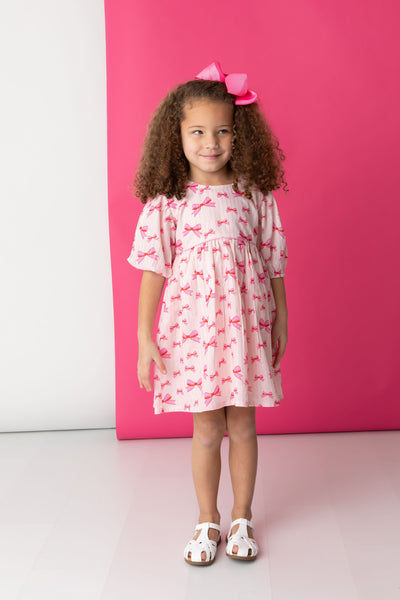 Pink Bows Puff Sleeve Dress