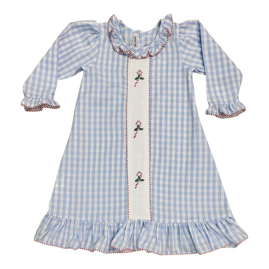 Candy Cane Embroidered Blue Gingham Gown