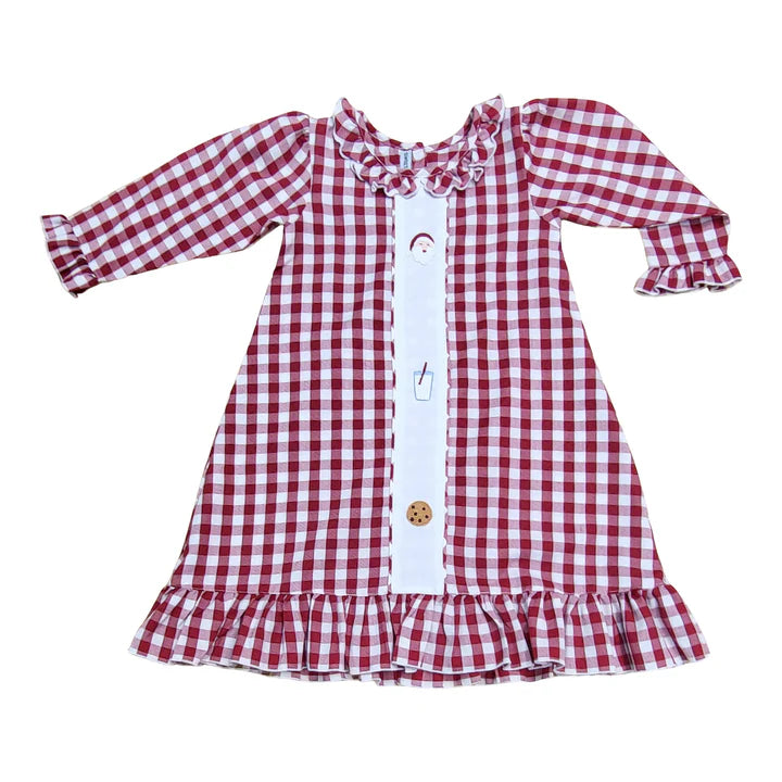 Red Gingham Gown with Santa, Milk and Cookies