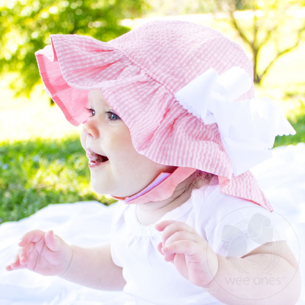 Reversible Girls Seersucker Ruffle Brim Hat- White