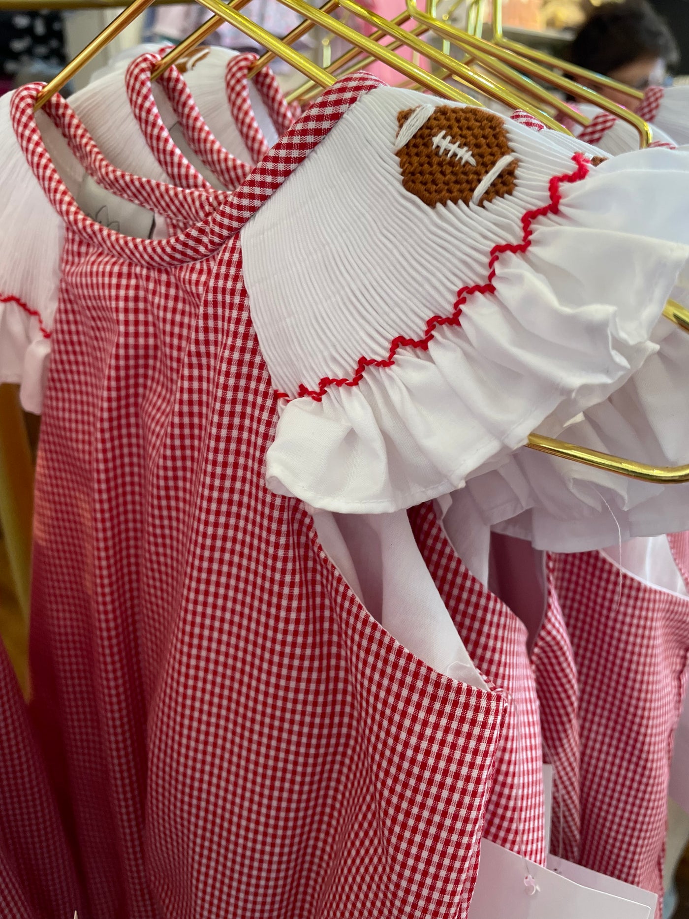 Red and White Gingham Smocked Football Sleeve Dress