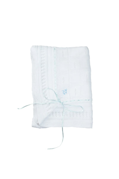 White with Blue Ribbon Pointelle Knit Blanket