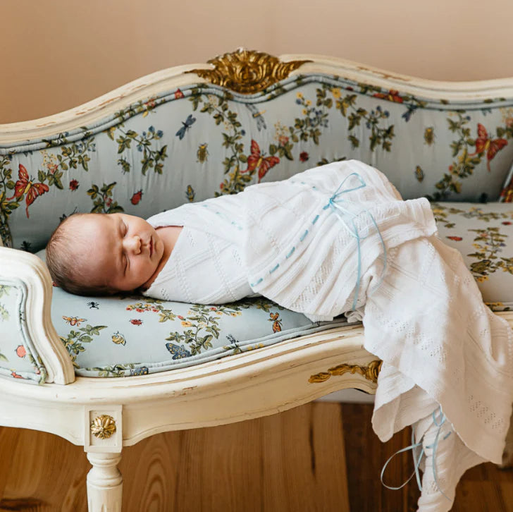 White with Blue Ribbon Pointelle Knit Blanket