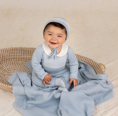 Powder Blue Boys Jacquard Collared Knit Romper & Bonnet