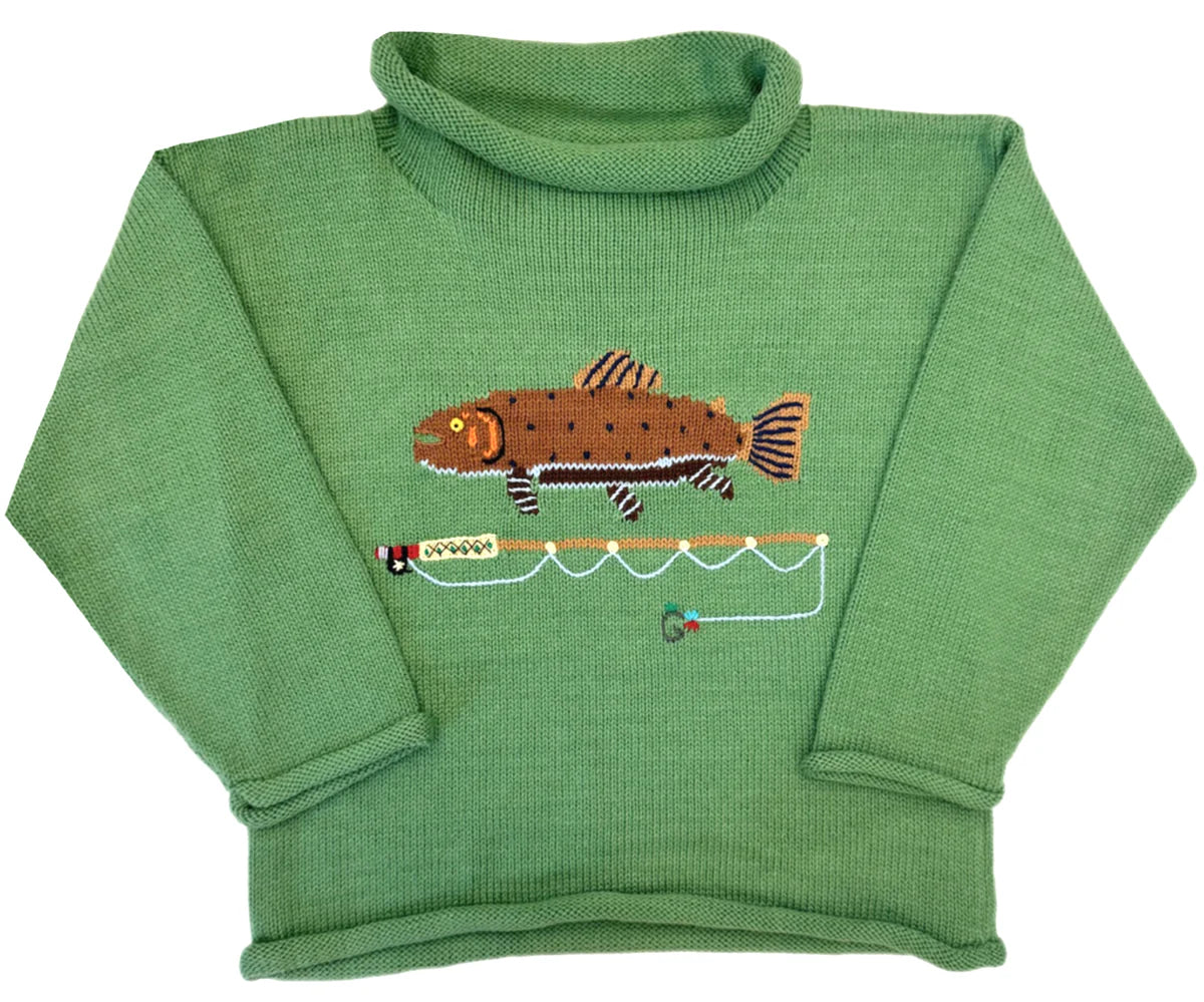 Peapod Green Trout with Fishing Rod Roll Neck Sweater