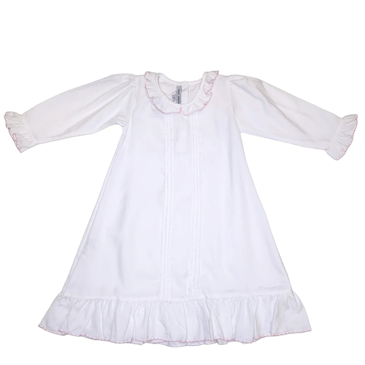 White Pleated Nightgown with Pink Picot Trim