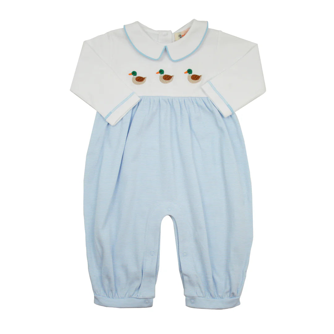 Blue and White Stripe Romper with Mallards