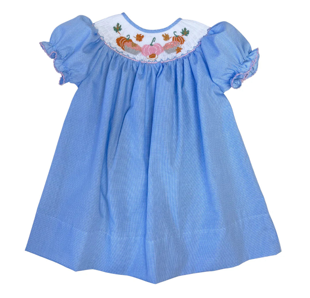 Pumpkin Pie Light Blue Gingham Smocked Bishop Dress