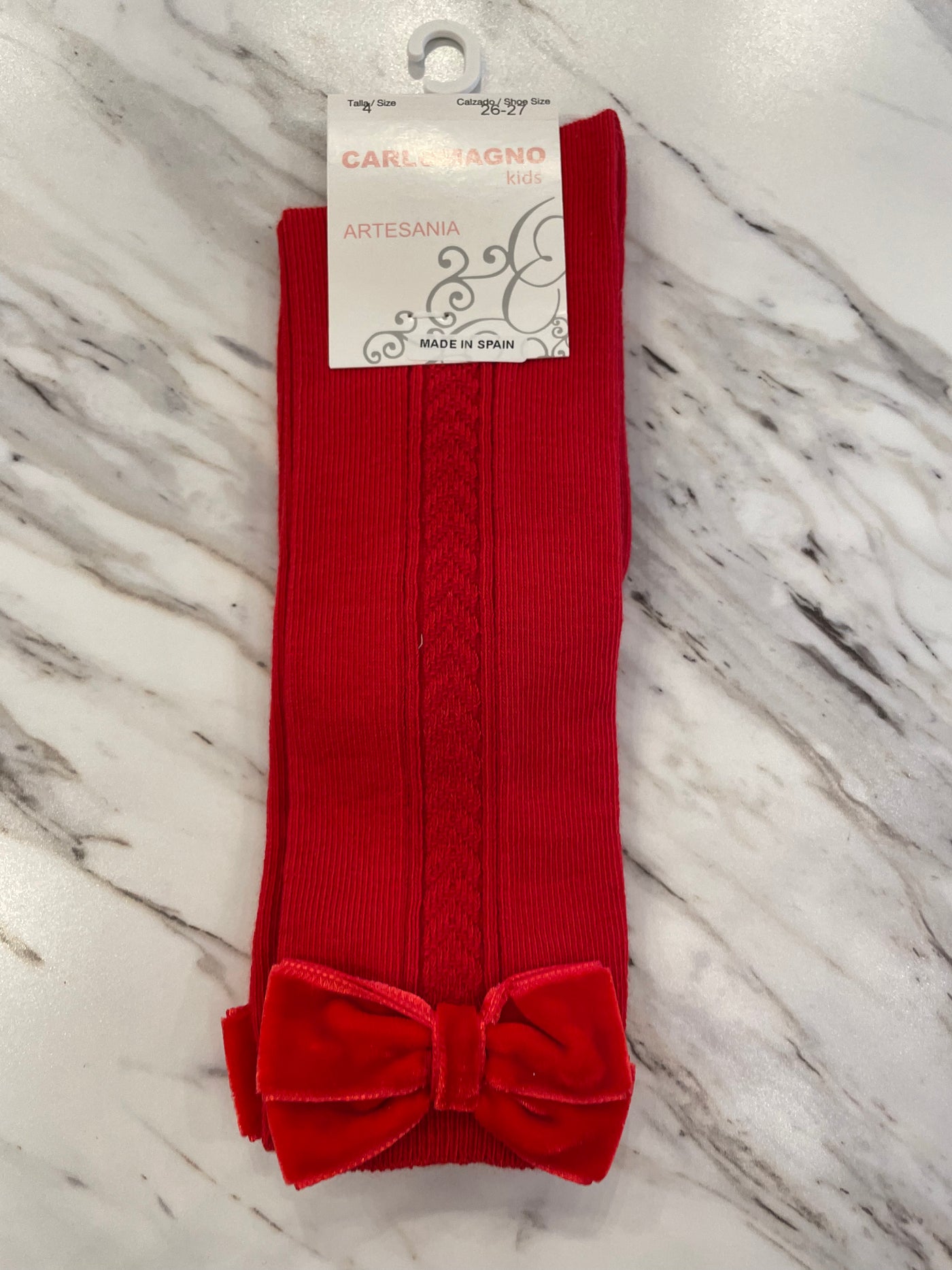 Red Cotton Knee Socks with Velvet Side Bow
