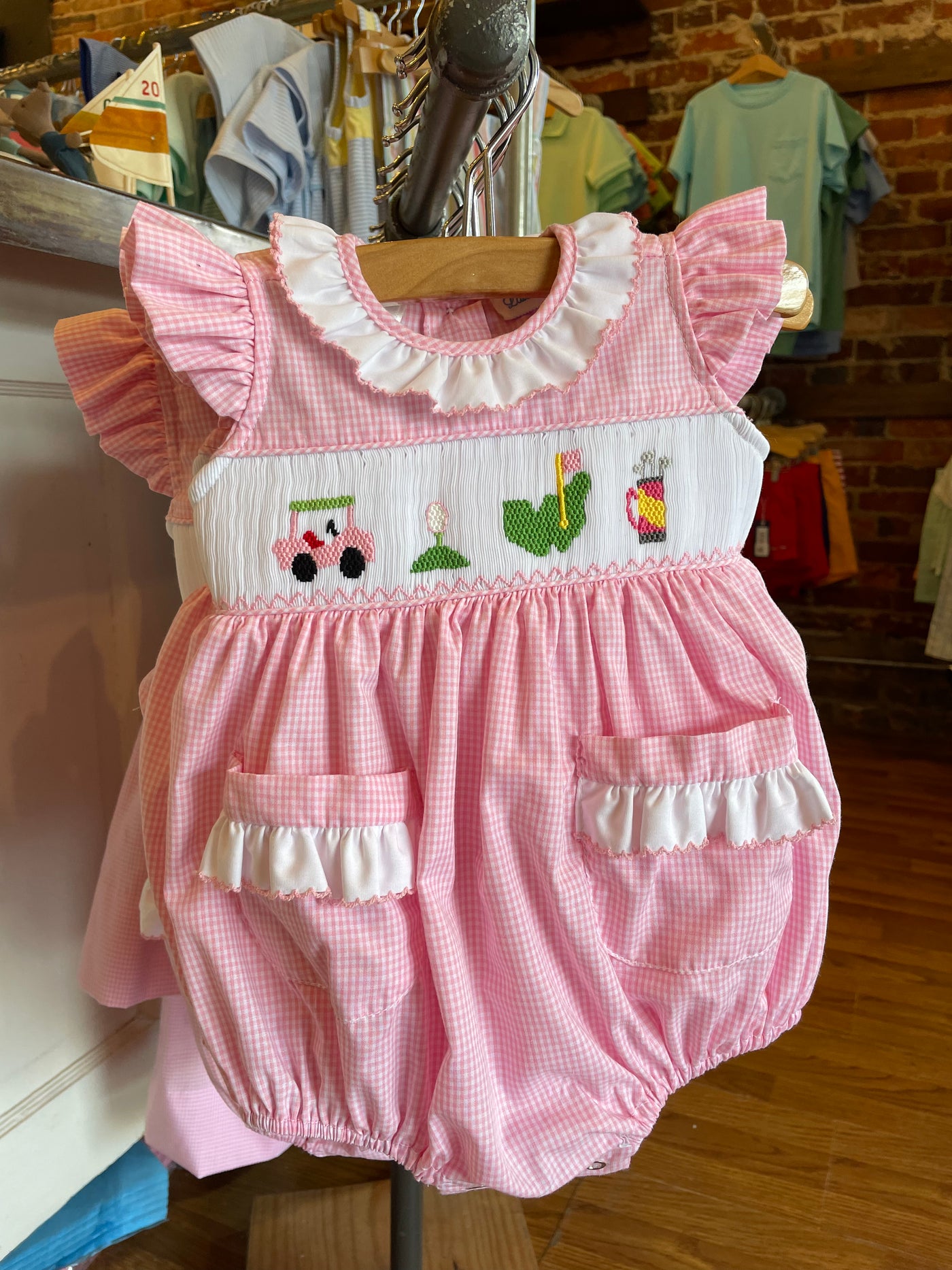 Pink Smocked Golf Bubble with White Ruffle Collar