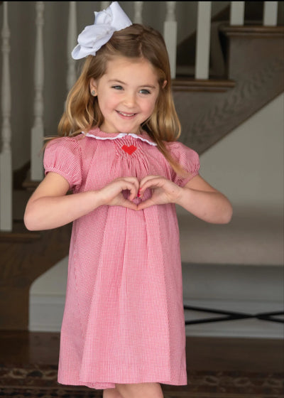 Red Gingham Heart Sage Smocked Dress