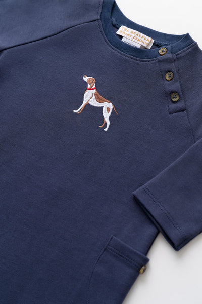 Nantucket Navy with Dog Embroidery Rayburn Romper