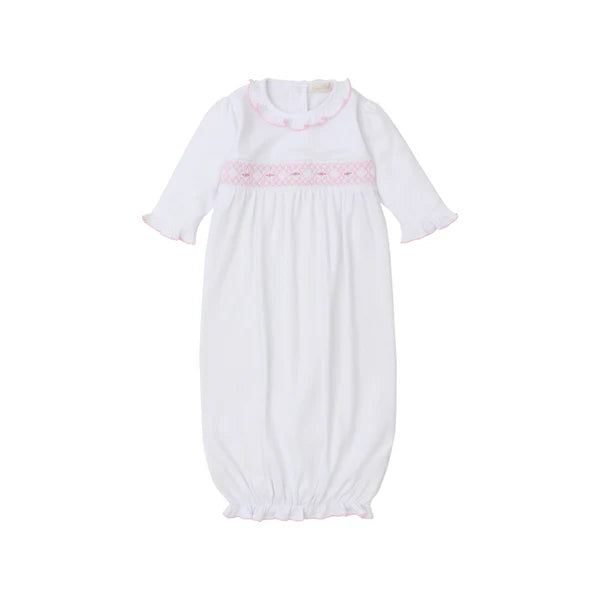 Hand Smocked CLB Sack Gown- White with Pink